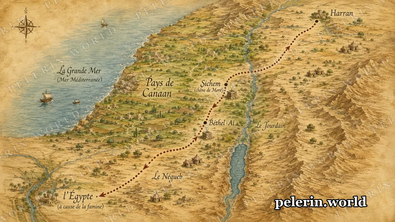Carte illustrée des voyages d'Abraham.