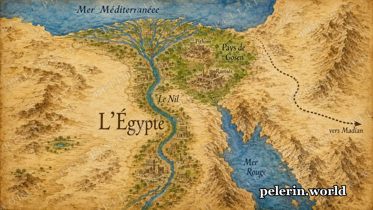 Carte illustrée de la sortie d'Égypte.